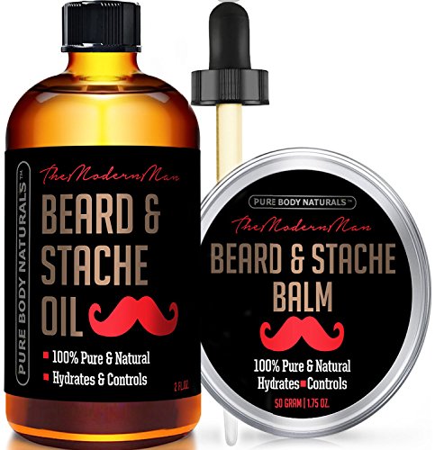 Beard Oil and Beard Balm Kit for Mustache and Beard Care - Tame, Condition and Moisturize with this Premium Grooming Set by Pure Body Naturals, Oil (2 fluid ounces) & Balm