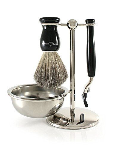 Edwin Jagger Shaving Gift Set - Pure Badger Shaving Brush, Gillette Mach 3 Razor, Shaving Bowl & Stand, Imitation Ebony