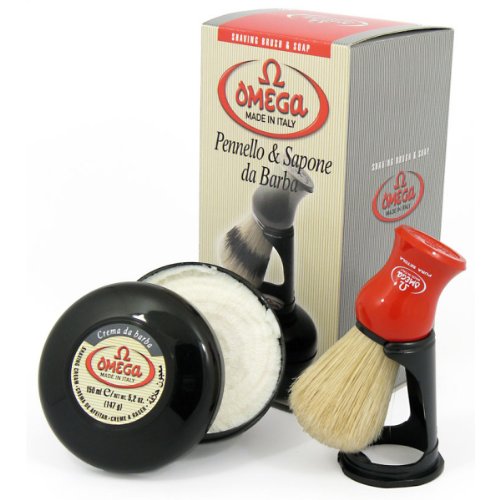 Omega 46065 Shaving Brush Set - Pure Bristle Shaving Brush, Stand, and 150 Milliliter Classic Shaving Cream with Eucalyptus Oil