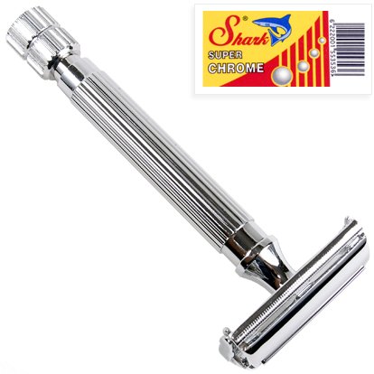 Parker 82R Super HeavyWeight Butterfly Open Double Edge Safety Razor & 5 Shark Double Edge Blades
