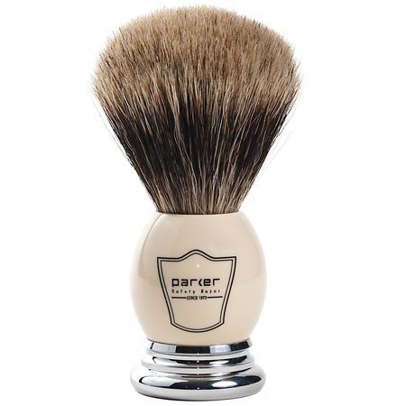 Parker Safety Razor 100%"Extra Dense" Best Badger Bristle Shaving Brush with White & Chrome Handle - Free Brush Stand Included
