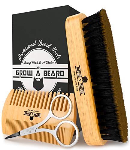 Beard Brush & Comb Set for Men's Care | Giveaway Mustache Scissors | Gift Box & Travel Bag | Best Bamboo Grooming Kit to Distribute Balm or Oil for Growth & Styling | Adds Shine & Softness