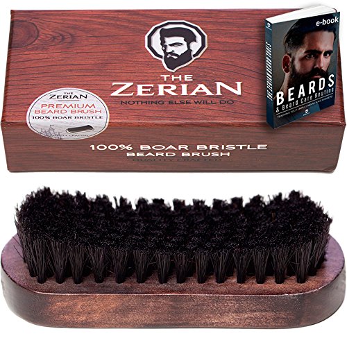 Beard Brush for Men -100% Firm Boar Bristle - Best Grooming Comb for Beards & Mustache works great with balm, oil or wax in Premium Giftbox Set & BONUS a Digital BEARD CARE ROUTINE BOOKLET