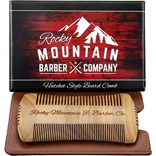 Beard Comb - Sandalwood Natural Hatchet Style for Hair - Anti-Static & No Snag, Handmade Wide & Fine Tooth Contour Brush Best for Beard & Moustache with Carrying Case Pouch