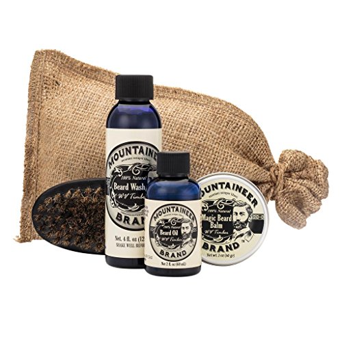 Beard Grooming Care Kit for Men by Mountaineer Brand | Beard Oil (2oz), Conditioning Balm (2oz), Wash (4oz), Brush (WV Timber)