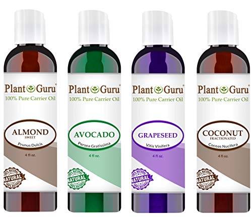 Carrier Oil Variety Set 4 oz Cold Pressed 100% Pure Natural Almond, Avocado, Coconut Fractionated, Grapeseed. For Aromatherapy Essential Oils, Skin & Hair Growth Moisturizer. Perfect for Body Massage.