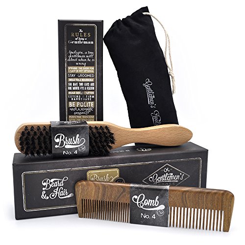 Hair & Beard Comb + Brush - Set - for Men, Sandal Wood Comb, 100% Natural Boar Bristle Brush, Best for Grooming Facial and Head Hair, use with Balm, Oil and Wax, Packaged in Premium Giftbox