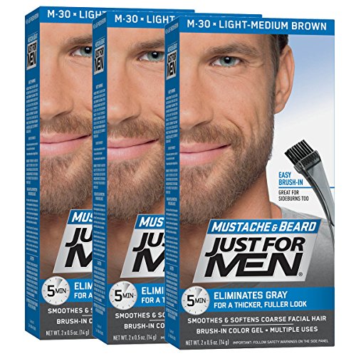Just For Men Mustache & Beard, Beard Coloring for Gray Hair with Brush Included - Color: Light-Medium Brown, M-30 (Pack of 3)