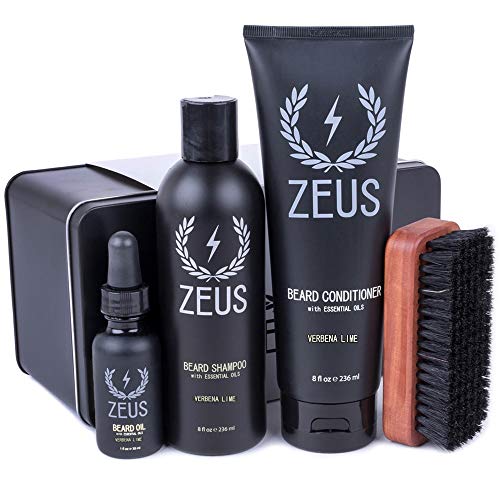ZEUS Deluxe Beard Grooming Kit for Men - Beard Care Gift Set to Soften Hairs and Prevent Itchiness and Dandruff (Verbena Lime)